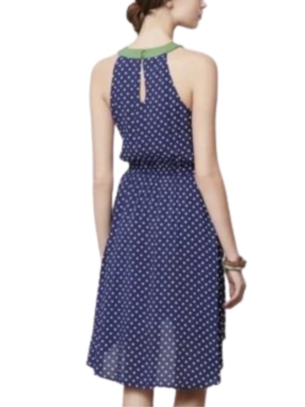 Anthropologie Lilka Polka Dot Hi-Low Dress Navy Green Halter Midi Derby - Picture 2 of 12